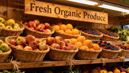 Warmly lit retail display of various fresh Gala apples, citrus oranges, and assorted dark berries stacked in woven baskets on wooden shelves beneath the organic produce sign.の素材