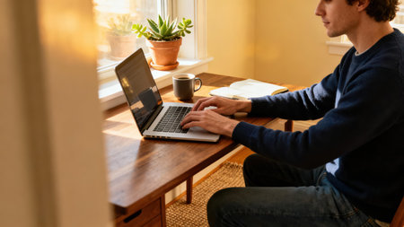 Close profile view of a casually dressed male typing at a rich mahogany desk in a sunlit home office, next to an open notebook, a coffee cup, and a potted succulent plant on the windowsill.の素材