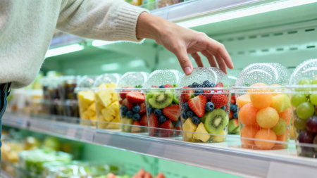 Close view of shopper selecting mixed cut tropical and berry fruit salad in plastic cups from illuminated refrigerated display case, highlighting condensation on the dome lids.の素材