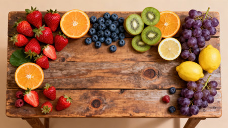 Mixed berries, citrus fruits, kiwi, and red grapes forming a rectangular frame against the rough, weathered grain of a brown wooden tabletop, captured in soft, even lighting.の素材