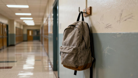 Focused shot of a textile gray student backpack hanging on a small wooden mounting plate, set against a dirty, two-toned institutional wall with a brightly lit, defocused corridor visible in the...の素材