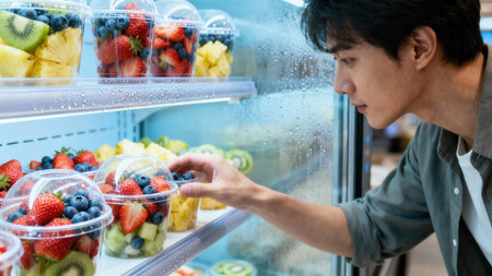 Consumer reaching through a condensation covered refrigerator door to select a ready to eat container of bright red strawberries, deep blue blueberries, and yellow pineapple chunks.の素材