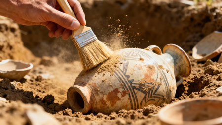 Human hand uses a fine brush to carefully remove loose reddish-brown soil from an exposed, decorated earthenware storage jar during an archaeological dig in bright sunlight.の素材