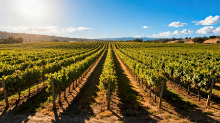 Dramatic perspective shot of a fertile vineyard field featuring strong rows of verdant vines, illuminated by intense golden sunlight and backed by distant rolling hills.の素材