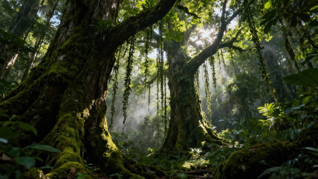 Ethereal view of giant buttress rooted jungle trees shrouded in low mist, dramatic natural lighting highlighting deep green moss texture and hanging tropical lianas.の素材