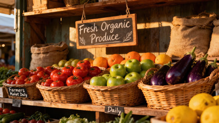 Dramatic golden hour illumination highlights wicker baskets filled with bright red tomatoes, glossy green apples, and deep purple eggplants at a local market produce stand.の素材