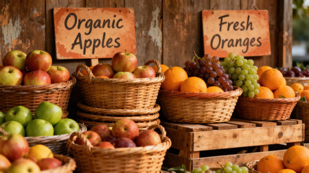 Close up view of red and green apples, navel oranges, and grapes displayed in tiered wicker baskets against a weathered wooden background, highlighted by "Organic Apples" and "Fresh Oranges" signs.の素材