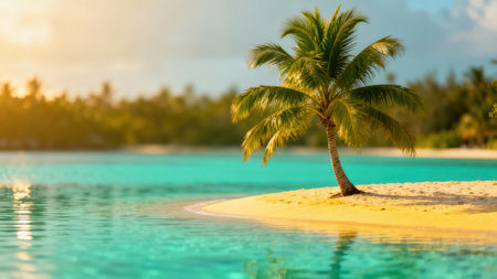 Scenic tropical view featuring a single coconut palm on golden sand next to rippling, clear turquoise water, illuminated by intense, warm golden hour sunlight and bokeh background.の素材