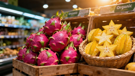 View of fresh magenta Pitaya dragon fruits covered in moisture next to golden yellow Carambola star fruit halves in a wicker basket, illuminated by warm sunlight on a wooden market stand.の素材