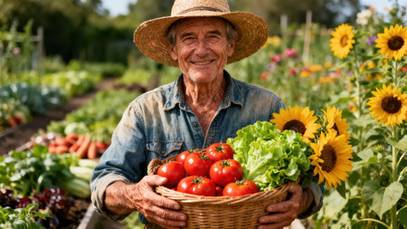 Close up portrait of an older man in a dusty denim shirt holding a full basket of vibrant red beefsteak tomatoes and crisp butter lettuce, brightly lit by warm sunlight in a lush vegetable patch.の素材