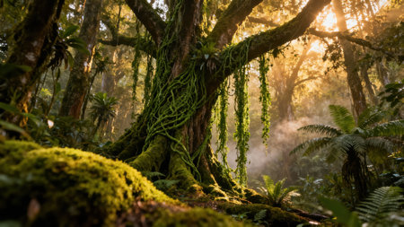 Huge textured tree base covered in vibrant lime green moss and dark lianas, dramatically backlit by warm yellow sun rays cutting through the humid jungle mist and dense tropical foliage.の素材