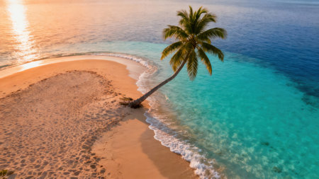 Curved sandy spit extending into the brilliant turquoise water and deep ocean under golden hour light, highlighted by a leaning coconut palm.の素材