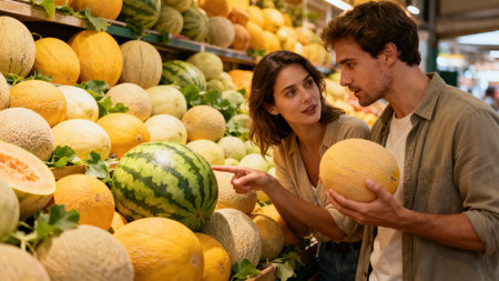 Engaged young adult couple discussing choice of seasonal fruit, with a striped watermelon and various yellow cantaloupe melons piled high on a market stall under bright indoor lighting.の素材