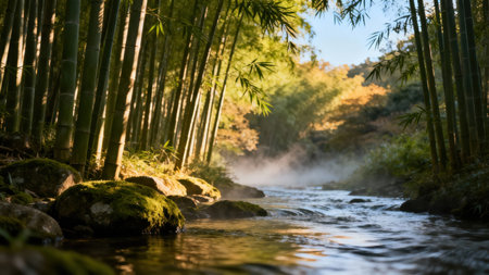 Vibrant green bamboo stalks line a rocky riverbank covered in moss, with morning mist rising above the fast flowing water illuminated by warm, direct sunlight through the canopy.の素材
