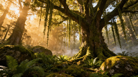Low angle view capturing massive, textured tree base shrouded in morning mist, surrounded by bright green ferns and mossy rocks, illuminated by warm sunlight shafts.の素材