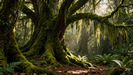 Dramatic low-angle view of huge buttress roots and bark covered in dense bright green bryophytes illuminated by shafts of golden sunlight streaming through the dense canopy.の素材