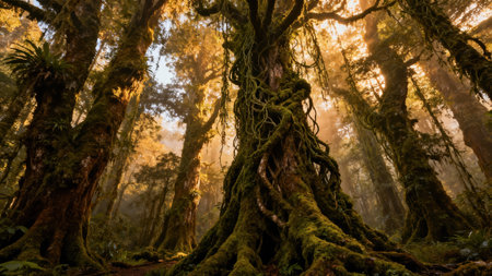 Low-angle view of giant rainforest trees with gnarled roots and twisting vines glowing in golden, hazy light, emphasizing the dense, humid jungle environment.の素材