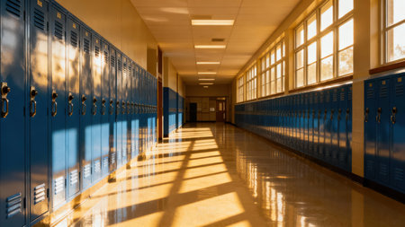 Perspective shot of a long, deserted institutional passage featuring rows of turquoise-blue steel lockers and intense golden hour light creating strong shadow patterns on the glossy floor.の素材