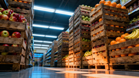 Low angle view of tall piles of weathered wooden storage boxes containing colorful red apples, green fruit, and bright citrus, creating an immersive perspective down the long grocery aisle.の素材