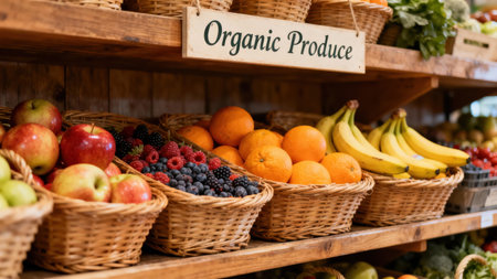 Ripe apples, mixed dark berries, sweet citrus oranges, and banana bunches arranged abundantly in several woven baskets on rustic store shelving with warm ambient lighting.の素材