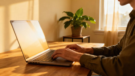 Close side view showing human hands typing on a metallic silver notebook computer, highlighted by the saturated, warm reflection of sunset light on the screen and wall.の素材