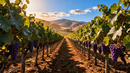 Detailed view of purple grapes and bright green leaves, dusted with dew droplets, lining a vineyard row under intense backlighting, contrasting against hazy brown hills.の素材