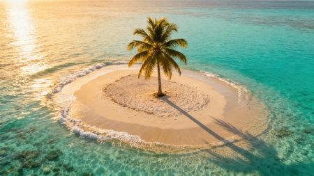 High angle view of a perfectly circular beige sand cay featuring a single tall coconut palm surrounded by vibrant cyan and gold clear shallow ocean waves during tranquil tropical golden hour.の素材