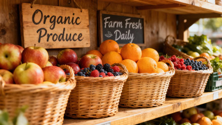 Natural daylight illuminating rustic wooden display with signs reading "Organic Produce" and "Farm Fresh Daily" above woven baskets full of apples, oranges, and mixed berries.の素材