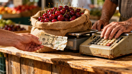 Closeup on vibrant dark red cherries in a textured burlap sack being weighed on a rusty metal scale while a buyer pays a vendor with a crumpled twenty dollar paper banknote on a rustic wooden counter.の素材