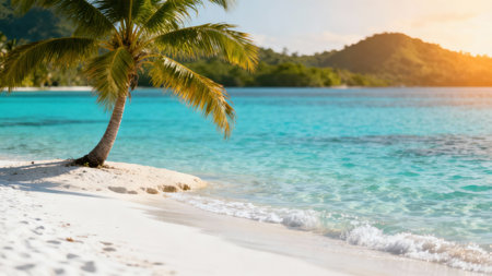 Bright sunlight shining over a small white sand spit with a leaning palm tree, crystal clear turquoise water washing ashore, and lush green tropical hills in the background.の素材