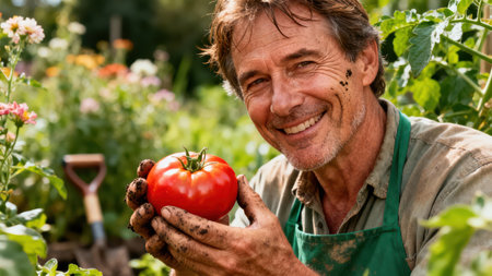 Portrait of a smiling Caucasian middle aged man with soil smudges on his cheek, holding a perfect red garden tomato, illuminated by natural sunlight among lush green foliage.の素材