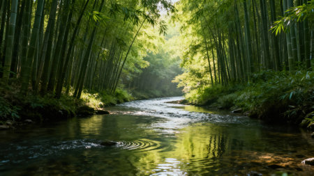 Sunbeams pierce the dense bamboo canopy, illuminating the rippling water surface of a narrow, clear stream reflecting the deep emerald green foliage and vertical stalks.の素材