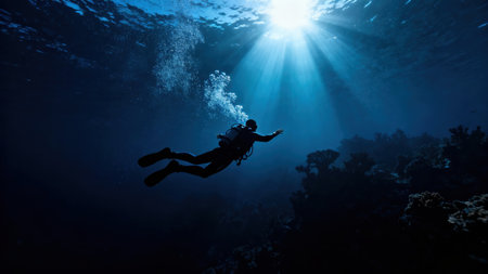 Dramatic backlighting illuminates the dark silhouette of an adult recreational diver floating over deep submerged coral structures, emphasizing the intense sun beams from the water surface.の素材