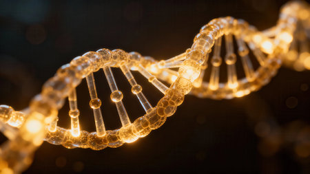 Highly detailed 3D illustration of the double helix structure, featuring translucent material and internal orange light flares against a pitch-black background, emphasizing genetic material.の素材