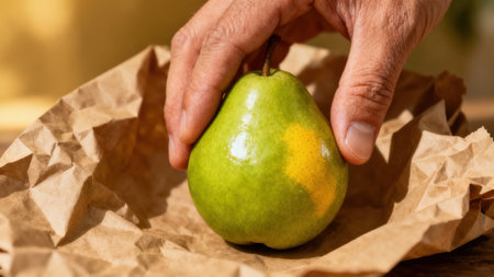 View emphasizing the texture contrast between the shiny green pear skin and the rough, wrinkled brown kraft paper, illuminated by warm, directional light.の素材