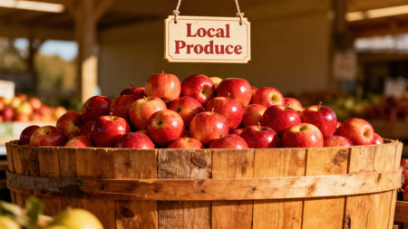 Warm daylight illuminates the glossy surfaces of freshly picked red apples overflowing a slatted wooden crate at a sunny outdoor farmer's market setting.の素材