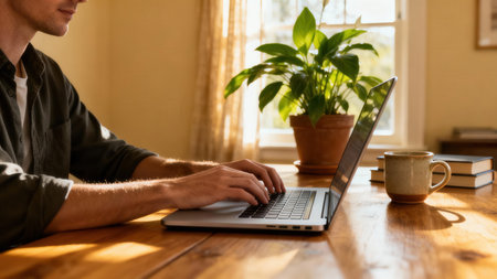 Warm scene showing hands typing on a modern laptop computer bathed in golden sunlight, with a vibrant green Peace Lily plant and a two-toned speckled brown ceramic coffee mug nearby.の素材