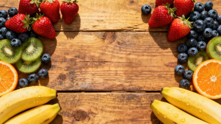 Overhead flat lay featuring red strawberries, blue blueberries, yellow bananas, sliced kiwi, and orange sections symmetrically framing rustic brown wooden planks with dramatic hard light and shadows.の素材