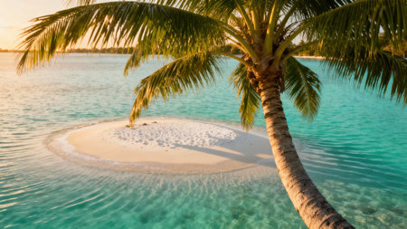 Detailed view of a curving brown coconut palm tree trunk hanging over a tiny ring of bright white sand surrounded by shimmering shallow aqua marine water illuminated by warm golden sunlight.の素材