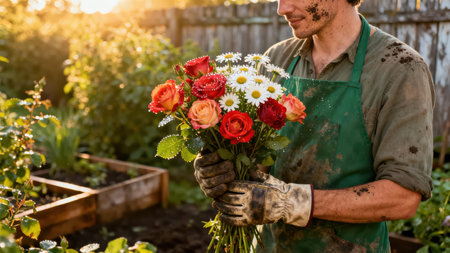 Mud-splattered man in a green apron holds a fresh bouquet of wet red, peach, and orange roses and white daisies, illuminated by bright golden hour sunlight in a backyard garden.の素材