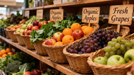 Rustic wooden shelves holding rows of wicker baskets filled with colorful produce, featuring red and green grapes, oranges, apples, and handwritten store signs.の素材