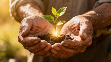 Close up on deeply wrinkled, textured senior hands holding precious life: a small, bright green, three leaf sprout emerging from dark earth, emphasized by warm sun rays.の素材