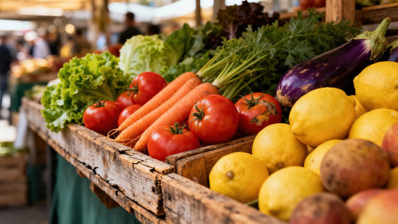 Perspective shot showcasing colorful organic produce like red ripe tomatoes, orange root carrots, green crisp lettuce, and yellow lemons overflowing from weathered wooden crates at a busy marketplace.の素材