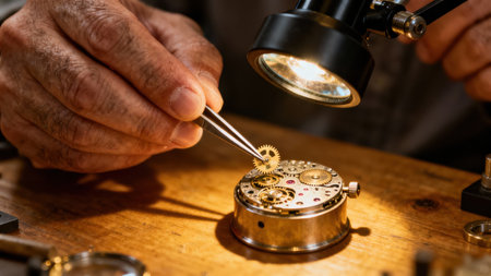 View of a watch mechanism featuring brass cogs and ruby jewels, illuminated intensely by a magnifying lamp as skilled hands use fine-tipped steel tweezers on the wooden workbench.の素材