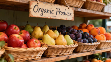 Closeup view of multiple wicker baskets holding washed red apples, ripe yellow pears, dark purple plums, and fuzzy orange peaches on brown wooden shelves beneath a handwritten "Organic Produce" sign.の素材