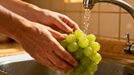 Warm natural light highlighting a close up of hands rinsing bright green grapes under a steady stream of water in a modern stainless steel kitchen sink.の素材