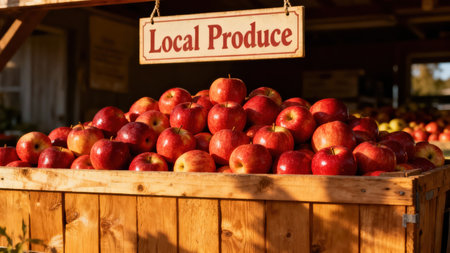 Rustic wooden stall piled high with glowing deep red and yellow striped apples, captured during golden hour, emphasizing the freshness of the local harvest.の素材