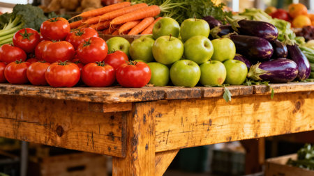 Of fresh crimson tomatoes and stacked Granny Smith apples beside dark purple eggplants, highlighted by natural light on a textured, weathered wooden market table.の素材