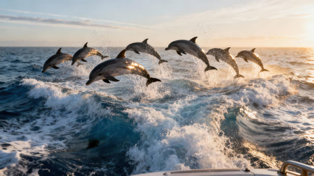 Low angle perspective showing seven or more gray oceanic dolphins surfing and jumping out of the powerful churning white water wake under a brilliant golden sky.の素材