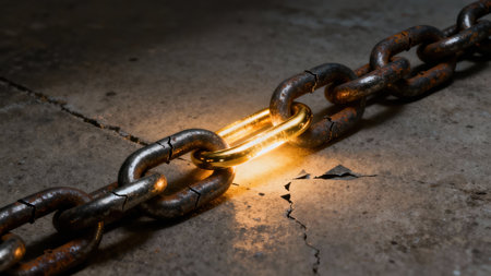 Dramatic lighting highlights a highly detailed, smooth golden link connecting two sections of heavily oxidized and cracked industrial chain resting on gray, fractured stone surface.の素材